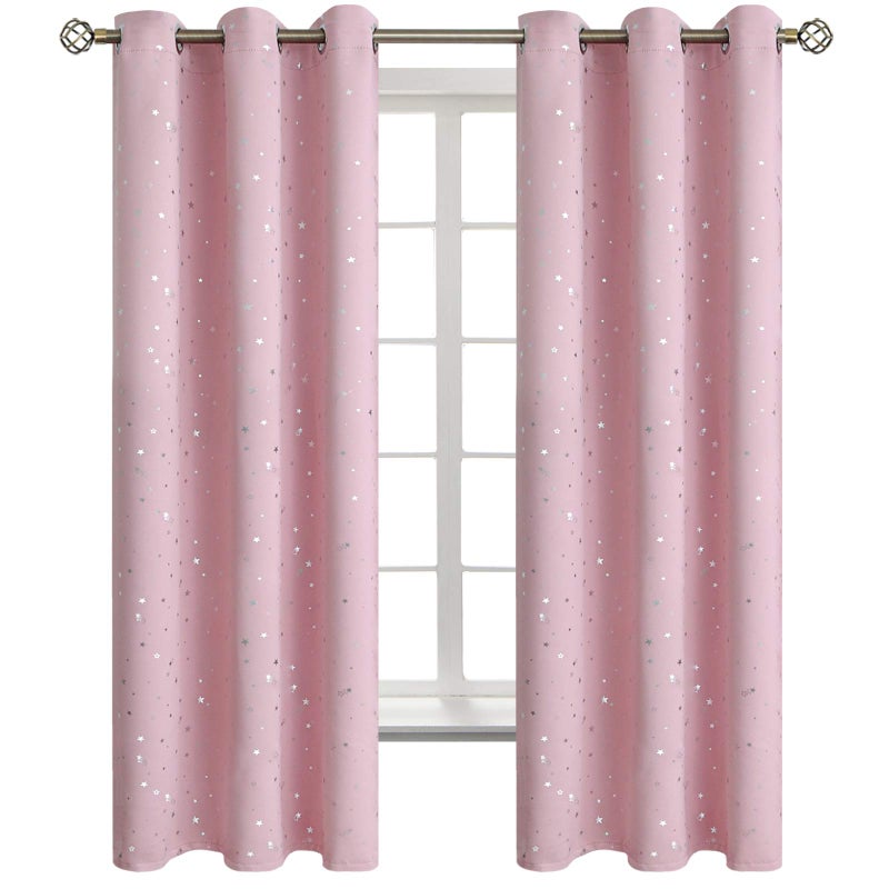 BGment Kids Blackout Curtains for Bedroom - Grommet Thermal Insulated Silver Star Print Room Darkening Curtains for Kids Room, Set of 2 Panels, 42 x 63 Inch, Baby Pink - Image 1
